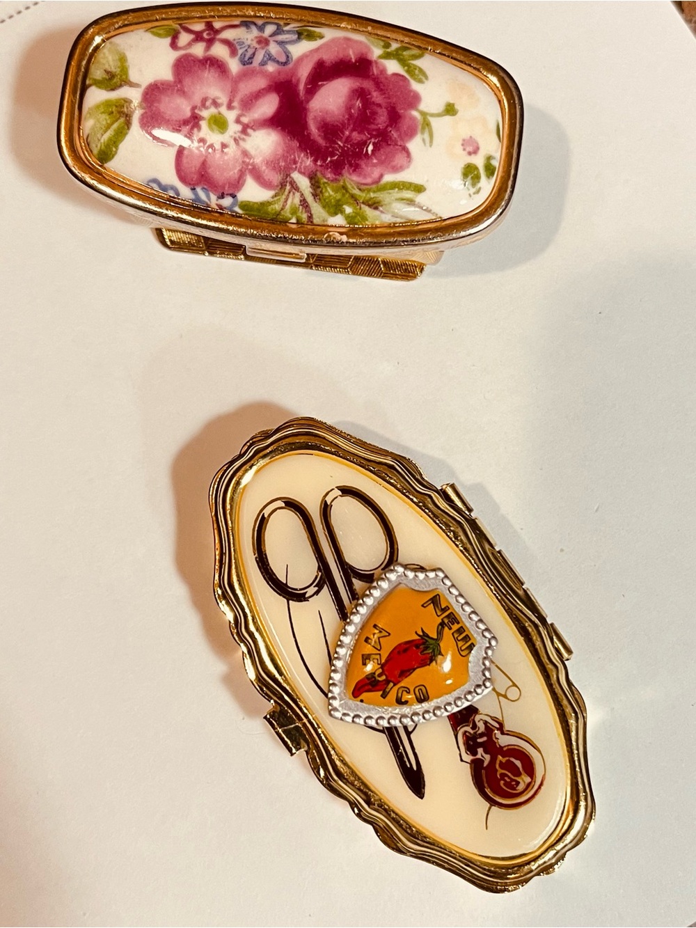 Vintage Floral Porcelain Lipstick cover and Sewing Motif Trinket Boxes